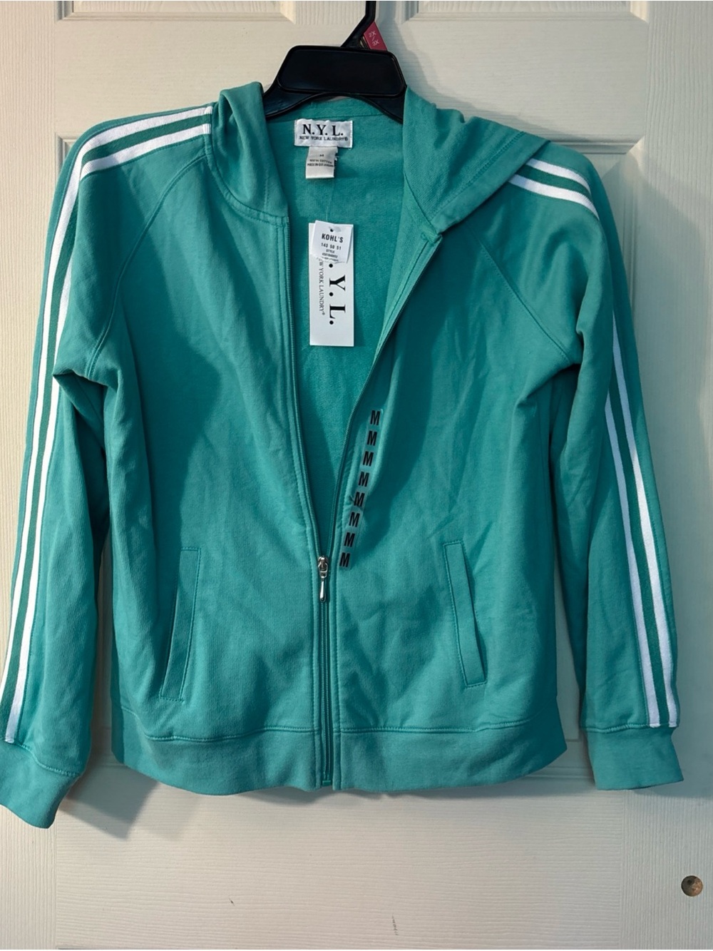 WomaTeal Zip-Up Hoodie with White Stripe Detail